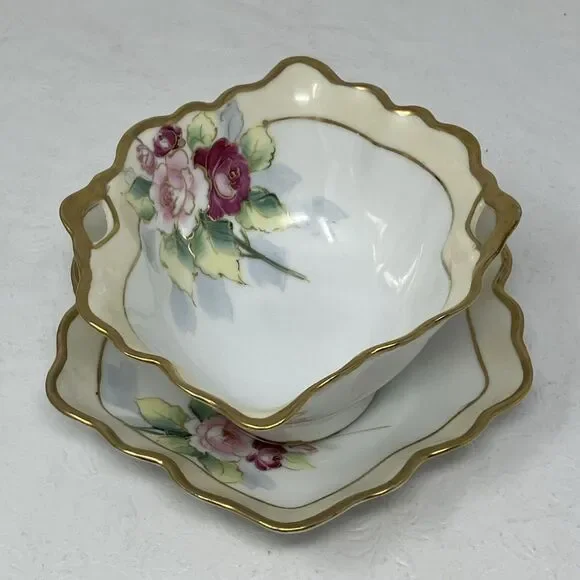 Nippon Gravy Sauce Boat w Underplate Roses Gilt Painted Gold & Raised Flower VTG