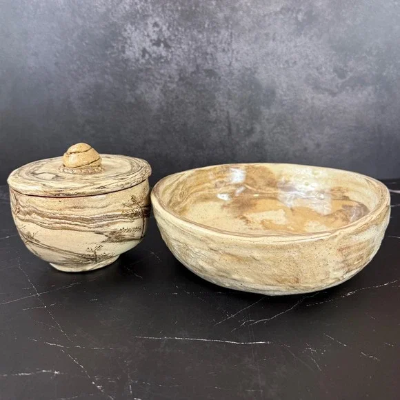 Vintage Handmade‎ Stoneware 2 Piece Bowl Set Rustic Heavy Signed Studio Pottery