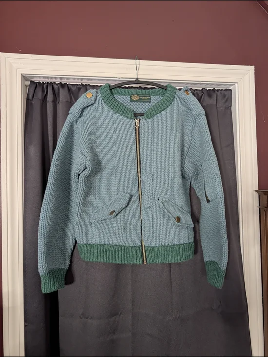 GIM CONTEXT Japanese Blue Green Knit Wool Bomber Jacket with Zip One Size