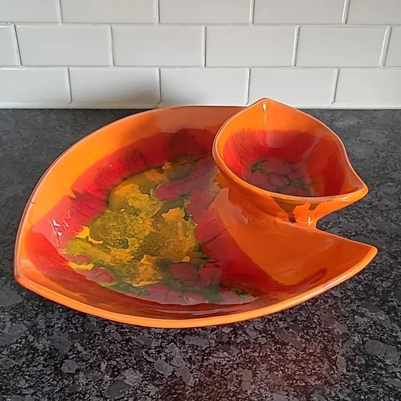Vintage Maurice's of California Pottery Orange Glaze Chip and Dip Bowl