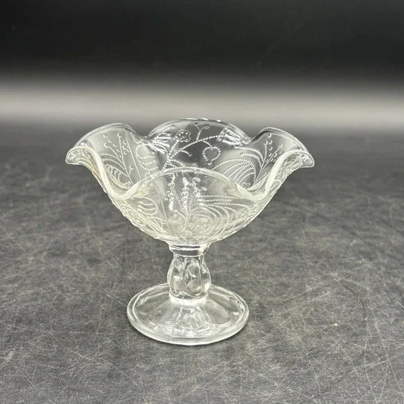 Vtg Handmade Poland Clear Glass Ruffled Compote Pedestal Bowl Paisley Floral 5in