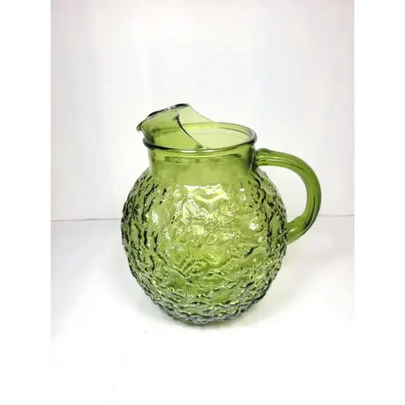 Vintage Pitcher Milano Lido Avocado Green Anchor Hocking Crinkle Glass