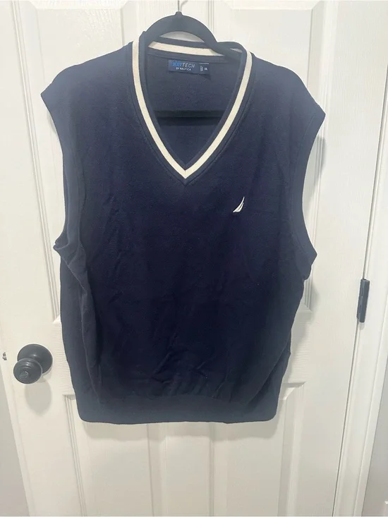 Nautica Navy V-Neck Sleeveless Sweater Vest with Ivory Trim