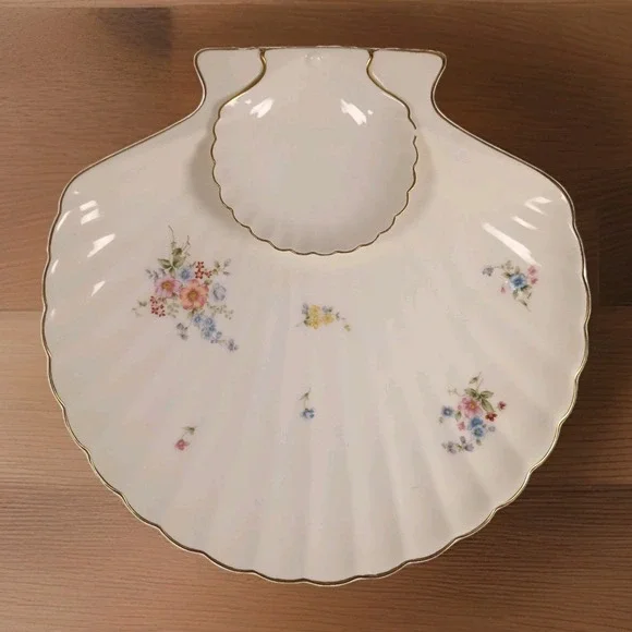 Vtg Rare Bone China Shell Shape Platter w Dip section Gold Edging  (10