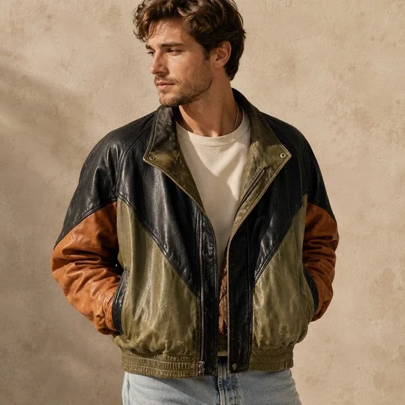 Vintage I.O.U. Leather Collection Jacket Mens M Colorblock Bomber 90s Grunge