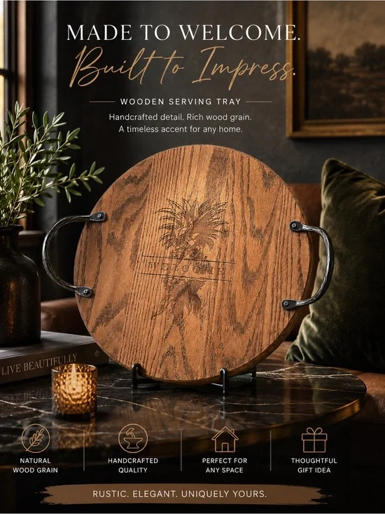 Wooden Serving Tray - Rustic Brown Round Tray with Metal Handles