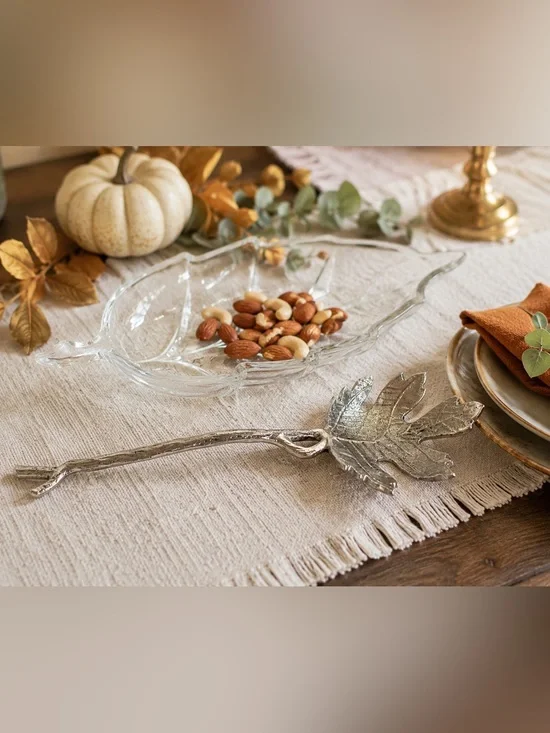 Glass Leaf Serving Dish & Silver Branch Server Fall Thanksgiving Decor