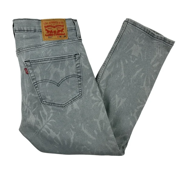 Levis 511 Jeans Mens 36x29 Gray White Leaf Print Slim Fit Stretch Denim Pants