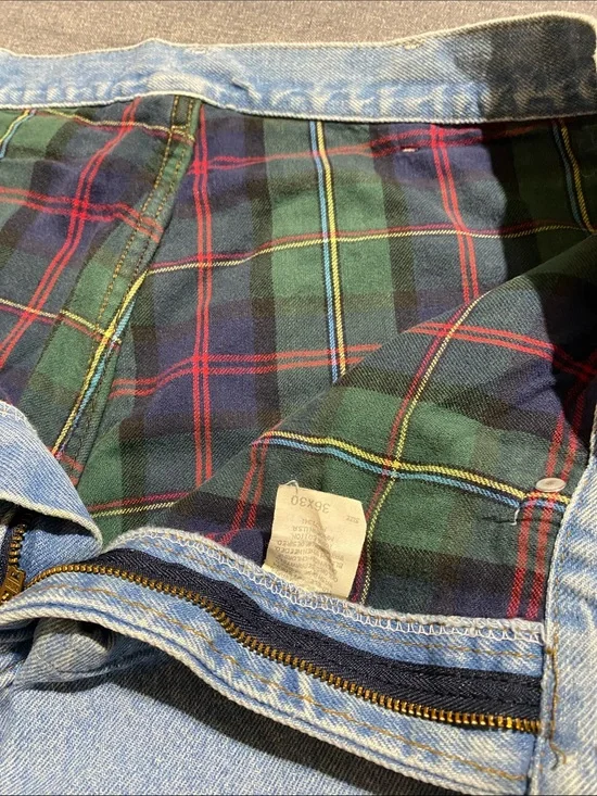 L.L. Bean Light Blue Denim Jeans with Green & Navy Plaid Lining