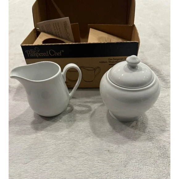 Pampered Chef Sugar Bowl and Creamer Set White Porcelain Simple Additions 3111