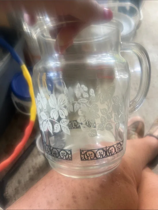 Vintage Glass Floral Pitcher - Clear Glass with White Pattern