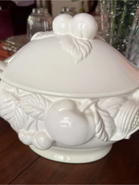 White Ceramic Covered Serving Bowl with Fruit Relief