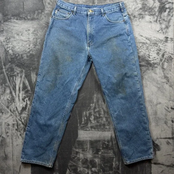 Carhartt Flannel Lined Jeans Mens 38x32 Blue Relaxed Fit Workwear B172 DST Denim