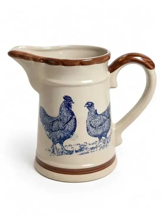 Vintage Stoneware Rooster Hen Pitcher Blue Transferware Farmhouse Decor