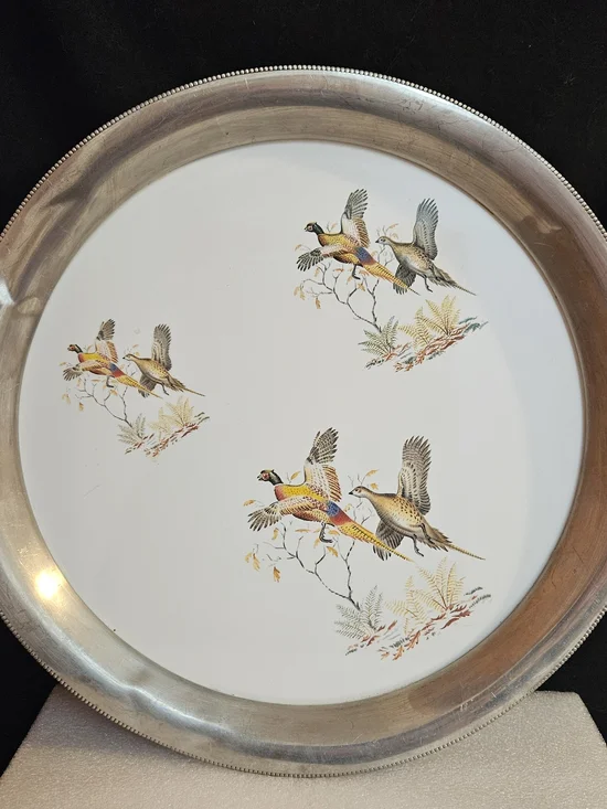 Vintage Revere Pewter & Porcelain Serving Tray ~ Pheasants ~ 13”