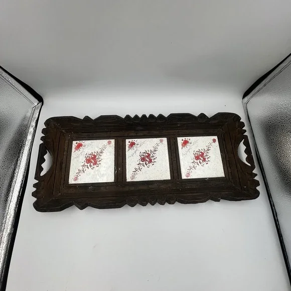 Vintage Hand Carved Mexican Folk Art Wood Serving Tray Ceramic Tiles 20 x 9 in