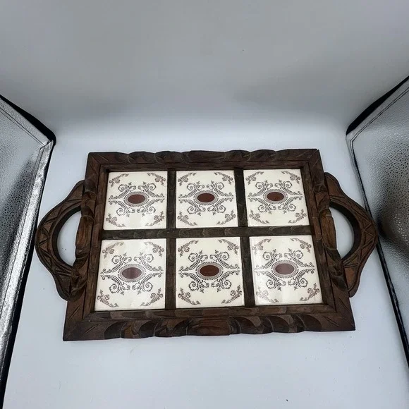 Vintage Hand Carved Mexican Folk Art Wood Serving Tray Ceramic Tiles 22 x 12.5