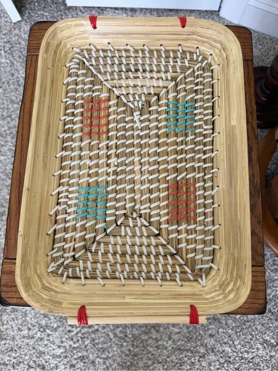 Handwoven Rectangular Wood & Seagrass Serving Basket with Colored Accents