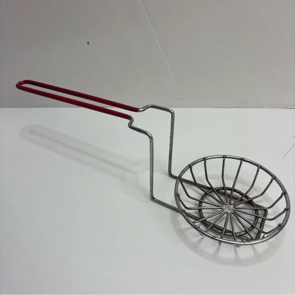 Vintage Frying Basket Small Metal Coated Offset Handle Cooking Gadget Strainer