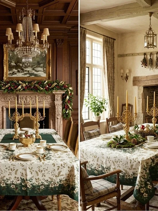 Vintage Table Cloth Luxury Holiday Christmas Floral Holly Ivory Cream Gold Green