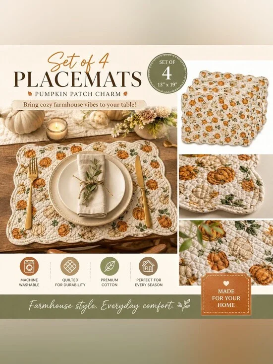 Pumpkin Patch Charm Quilted Placemats - Set of 4, Orange & Cream