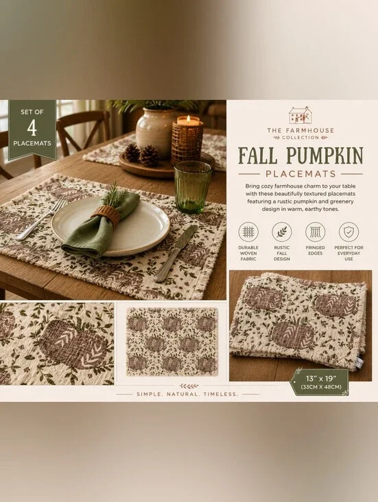 Fall Pumpkin Woven Placemat Set - Green and Brown