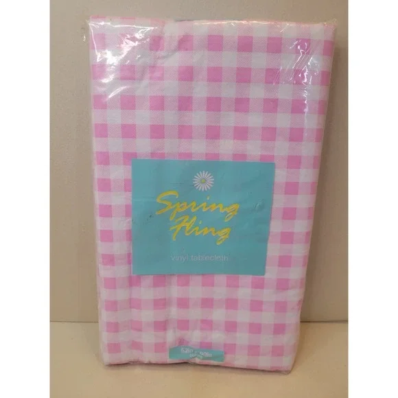 Spring Fling Pink Gingham Vinyl Tablecloth 52x90 Oblong Flannel Backed Picnic