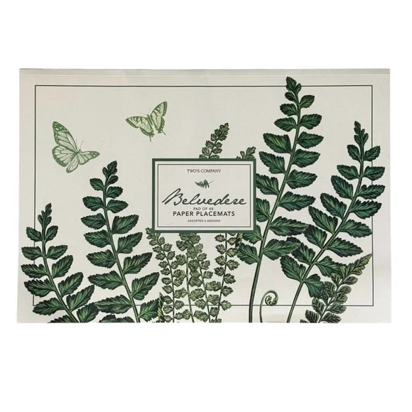 Two's Company Belvedere White Green Floral 48 Paper Placemats Sheet Tear-Off Pad