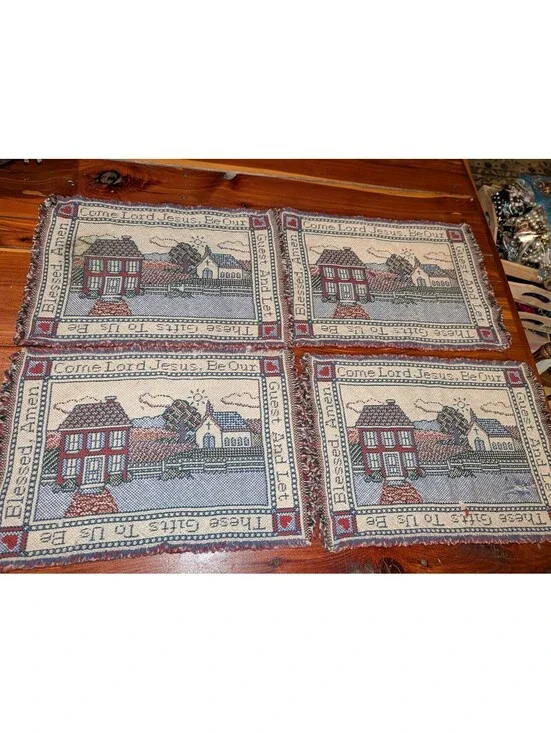 Set of Four Vintage Religious Tapestry Placemats with House and Church Design