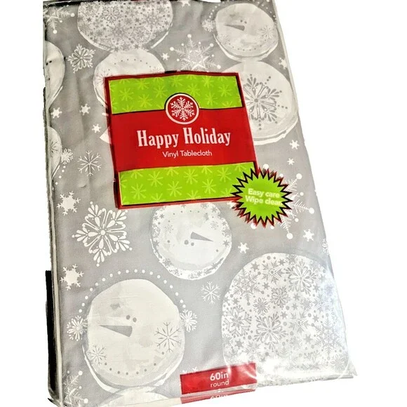 Christmas Snowman Snowflake Viny Tablecloth Flannel Backed Holiday 60