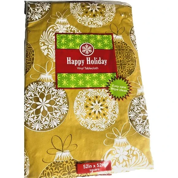 Christmas Ball Ornaments Gold Vinyl Tablecloth Flannel Backed Holiday 52x52
