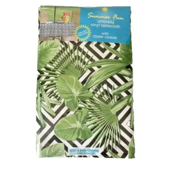 Palm Leaf Tablecloth Zipper Umbrella Hole Flannel Backed Vinyl Beach 52x70”