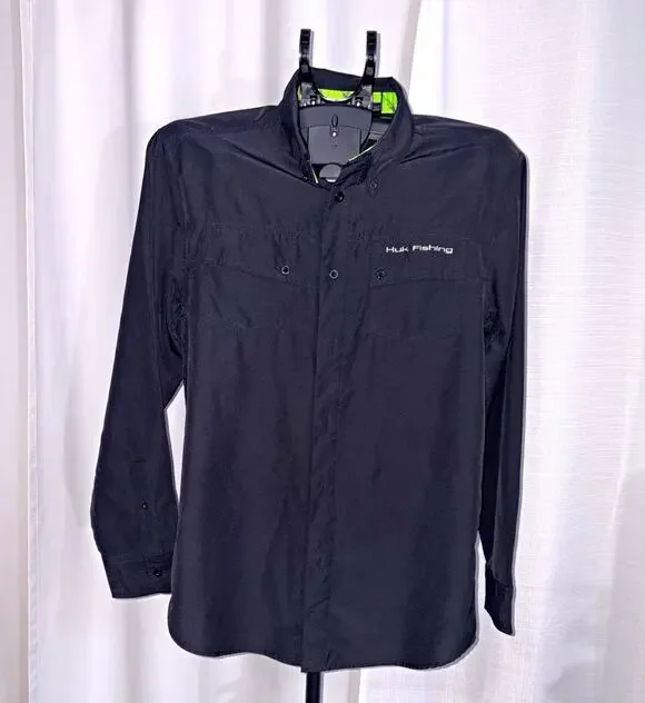 Huk Men’s Black Long Sleeve Button-Up Fishing Shirt Breathable Pockets L #0172