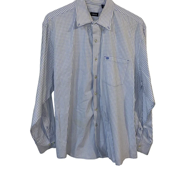 Men's IZOD Casual Button Down Shirt 100% cotton White Blue Plaid size XL