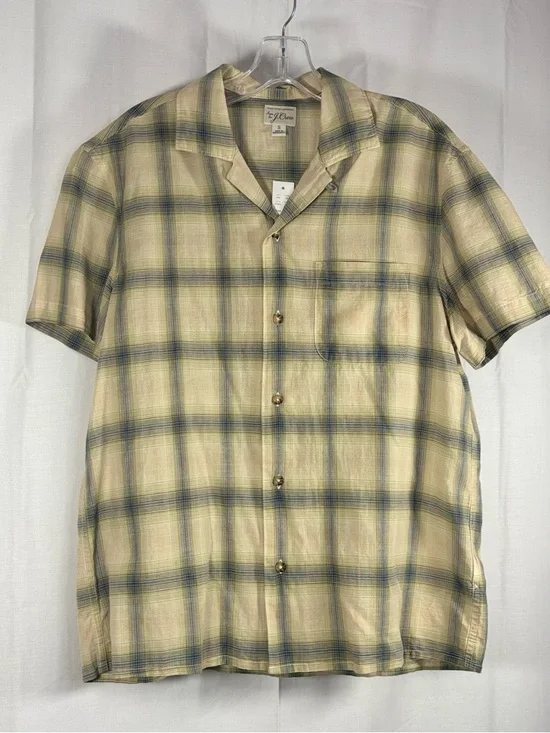 NWT JCREW Men's Short Sleeve Cotton Button-Up Shirt in Beige Plaid Size Small