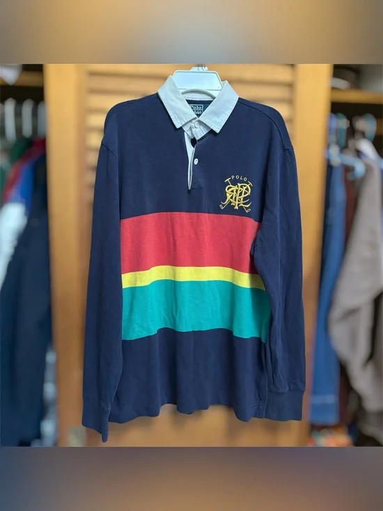 Vintage 90s Polo Ralph Lauren Scribble Striped Rugby Shirt Crest Embroidered M