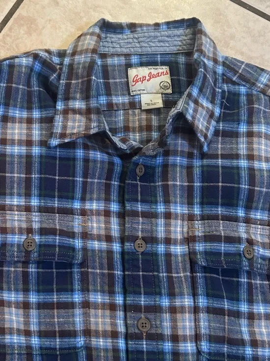 Gap Jeans 1969 Mens L Vintage Y2K Plaid Flannel Button Down Shirt Blue Cotton