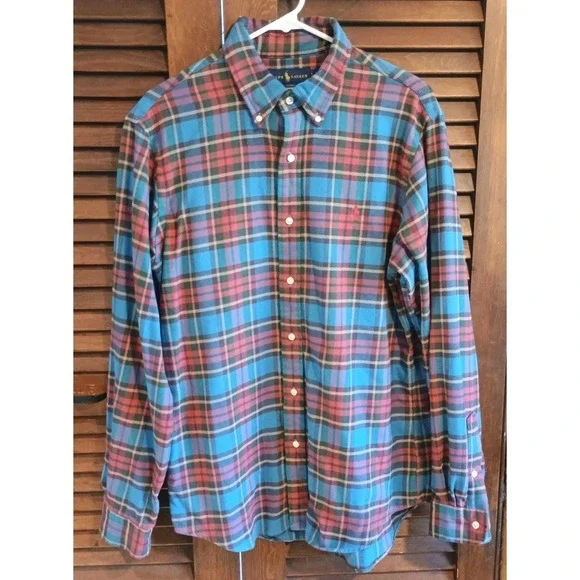 Ralph Lauren Shirt Mens Large Red Blue Custom  Fit Performance Flannel Button Up