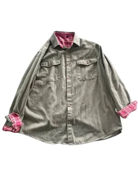 Vintage Green Flannel Made in Italy XXL Button-Up Shirt With Pink Plaid Lining &