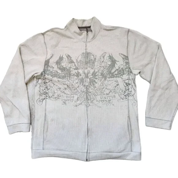 Y2K Gray Full Zip Jacket XL Ribbed Grunge Crest Graphic Viribus Unitis High Neck