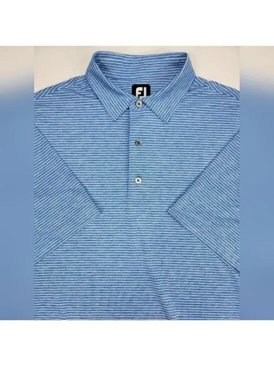 FootJoy FJ Men's L Blue White Striped Golf Polo Shirt Performance BLANK NO LOGOS