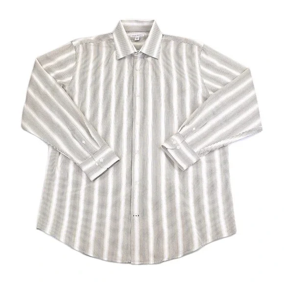 Banana Republic Mens Large Vertical Brown Striped Non Iron Slim Fit Dress Shirt