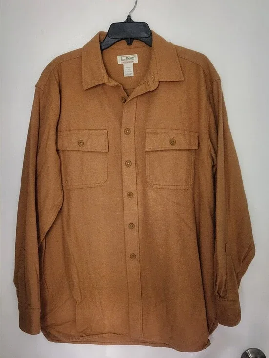 LL Bean Shirt Mens Large Solid Camel Color Chamois Cloth Flannel Long Sleeve