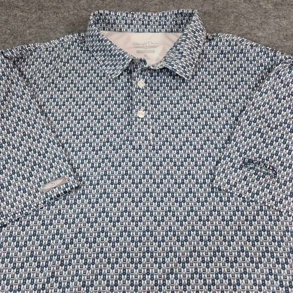 Straight Down Mens XL Performance Polo Shirt Blue White Speedboat Print Golf