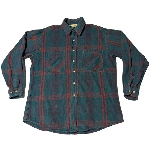VTG ST JOHN'S BAY Men LARGE-TALL Green Plaid HEAVYWEIGHT FLANNEL Made‎ In USA