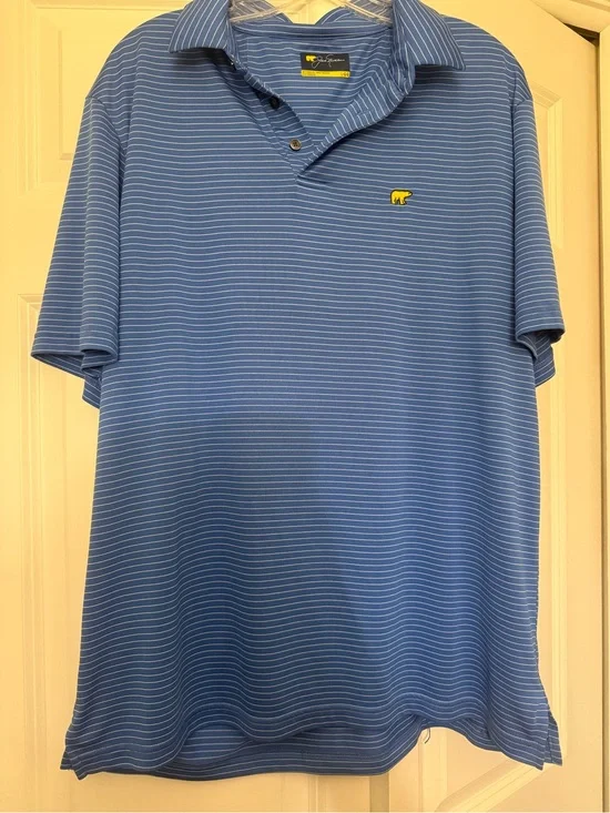 Men's Short Sleeve Blue Striped Polo with Embroidered Bear