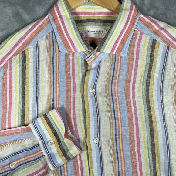 Guglielminotti Milano Mens 100% Linen Multi Color Striped Shirt Made in Italy 44