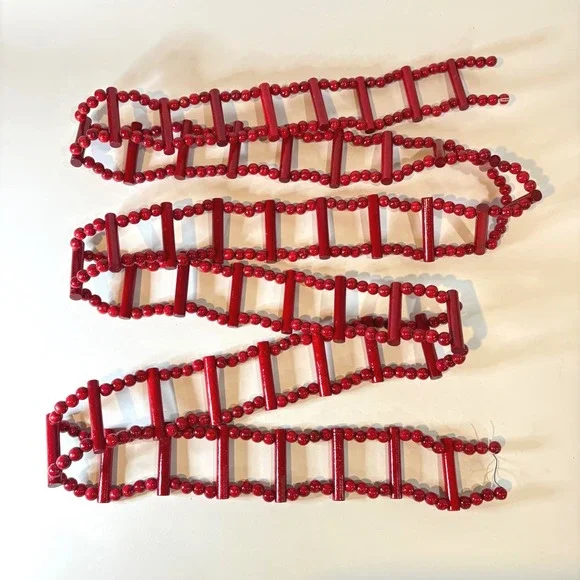 Vintage Red Wooden Bead and Dowel Christmas Garland 9 Feet Holiday Decor