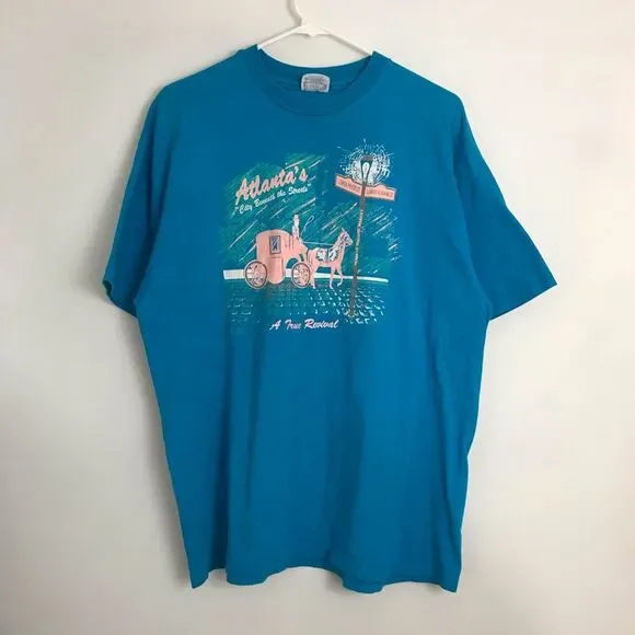 Vintage 90s Hanes Beefy XL Blue/Teal Tshirt Atlanta's City Beneath The Streets