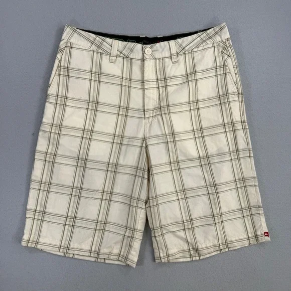 Quiksilver Board Shorts Men 36 Cream Plaid Swim Trunks Surf Beach Embroidery Y2K